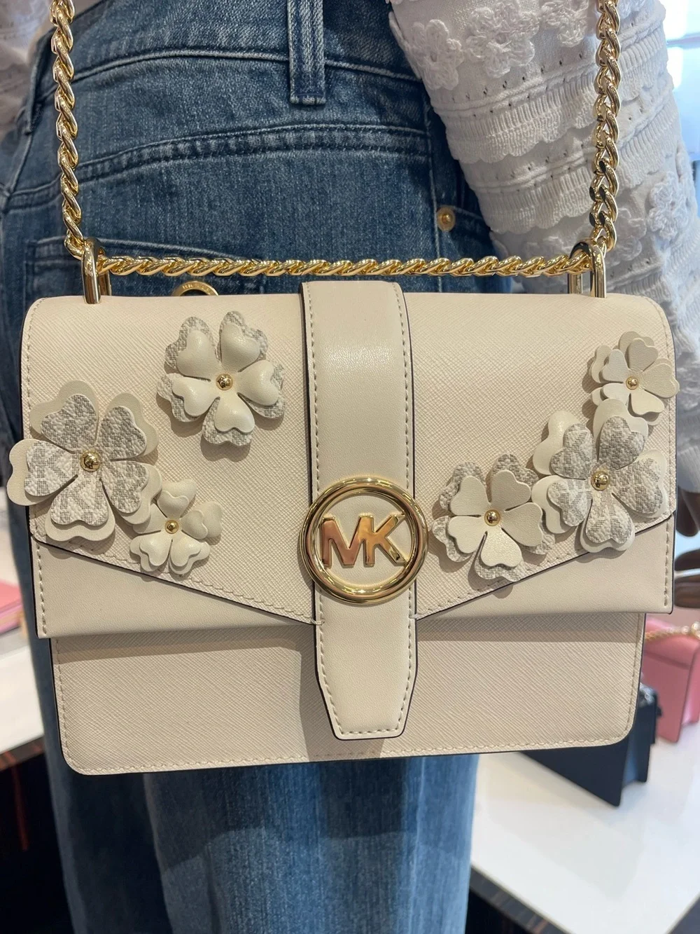 MICHAEL KORS Greenwich Sm Embellished Signature Logo Trim Crossbody Lt Cream NWT